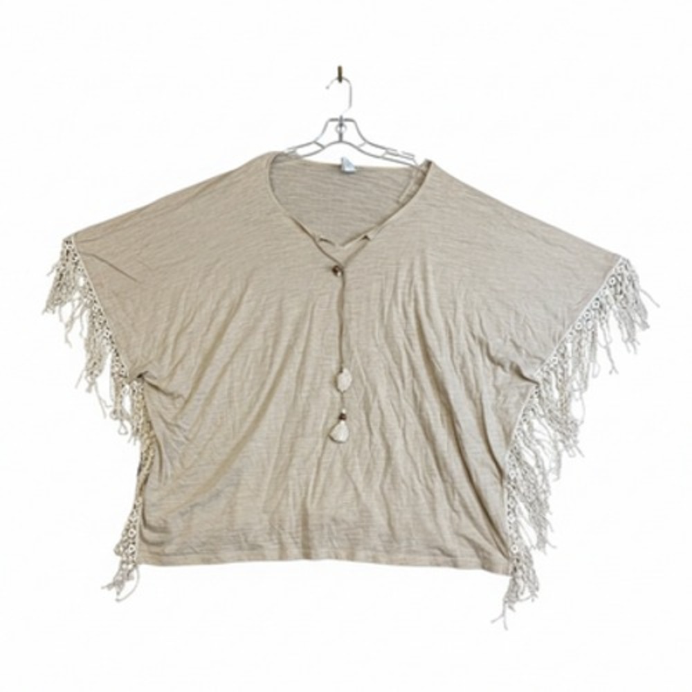 Lucky‎ Brand Top Women OSFM Beige Fringe V-Neck Kimono Sleeve Cotton Blend